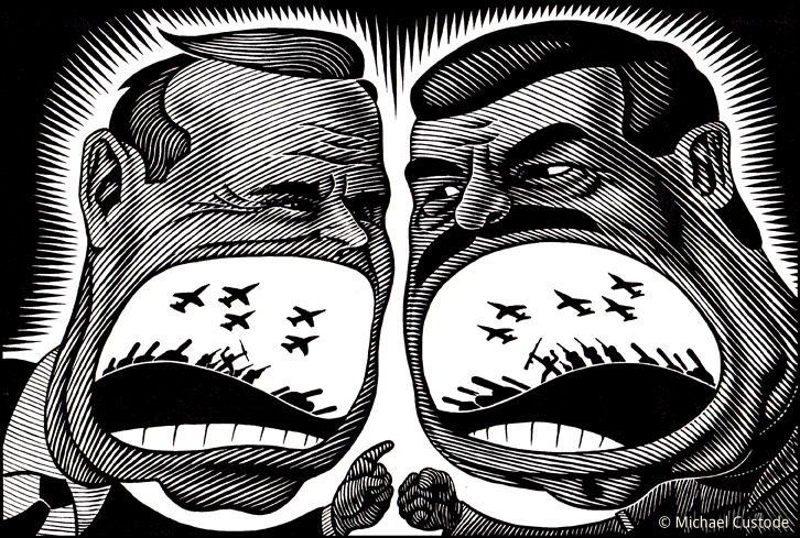 A caricature of George Bush Sr. (left) and Saddam Hussein (right) and their military rhetoric during the build-up to the First Gulf War. custode.com
