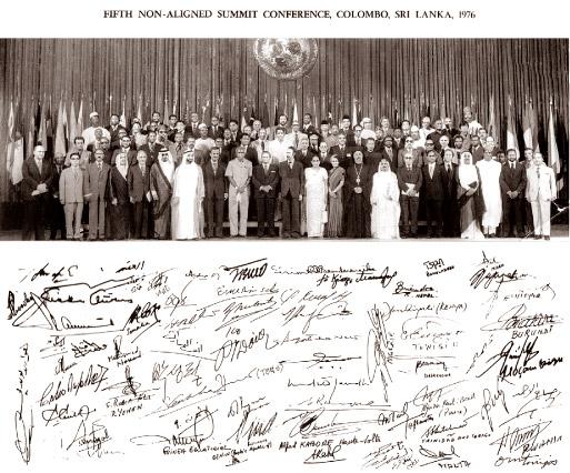 A group photo of leaders in the 1976 Colombo summit along with their signatures. [source]