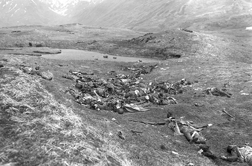 Dead Japanese military personnel lie where they fell on Attu Island after a final banzai charge