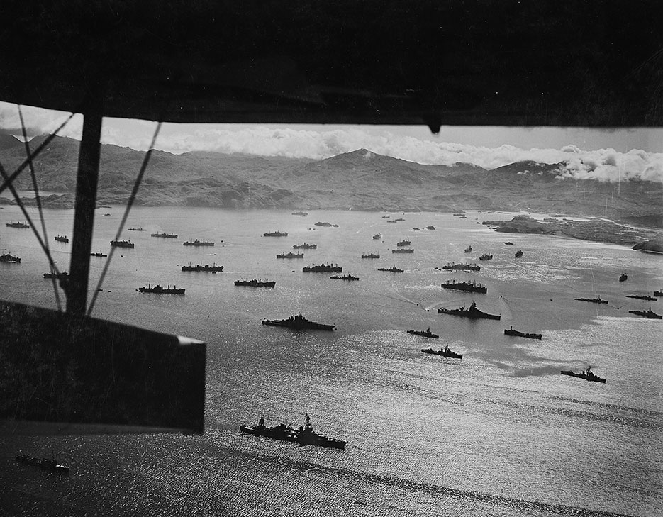 Part of huge U.S. fleet at anchor in Adak Harbor in Aleutians) ready to move against Kiska (NARA/U.S. Army Air Forces/Horace Bristol