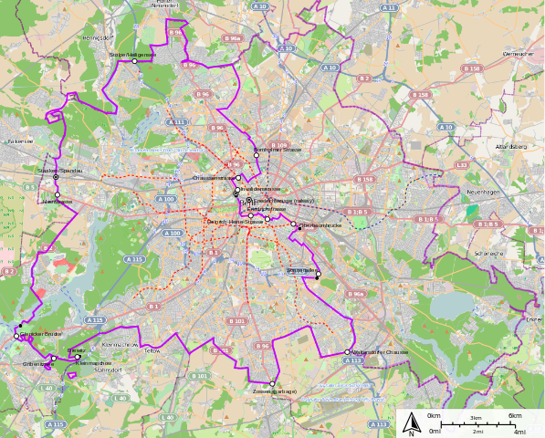 A map representing division between East and West Berlin, with a bright purple line representing the Berlin Wall.