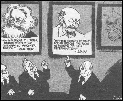 A cartoon from Daily Mirror depicting Khrushchev (pointing at Lenin’s picture) with caption &lsquo;Bah! Counter-revolutionaries!&rsquo; Spartacus Educational
