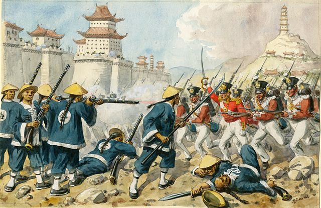 Chinese infantry with outdated matchlocks fighting British armed with the muzzle-loading rifle during the First Opium War. Wikipedia