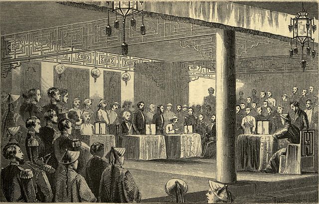 An illustration depicting signing of the Tianjin Treaties. Wikipedia