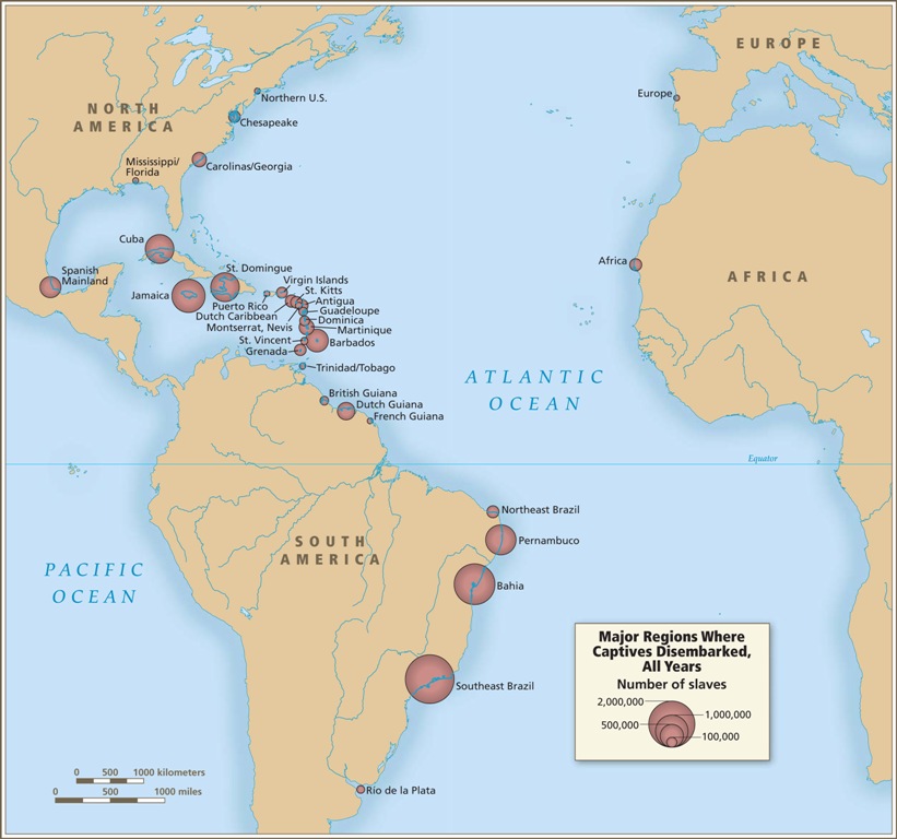 A maps showing distribution of disembarked African slaves in the Americas. from slavevoyages