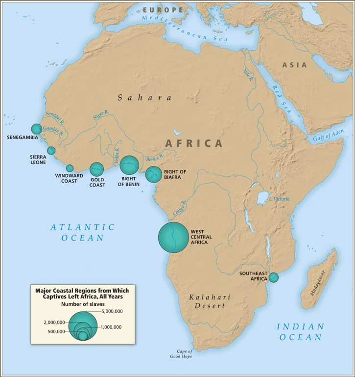 A maps showing regions where the African slaves were embarked on European ships. from slavevoyages
