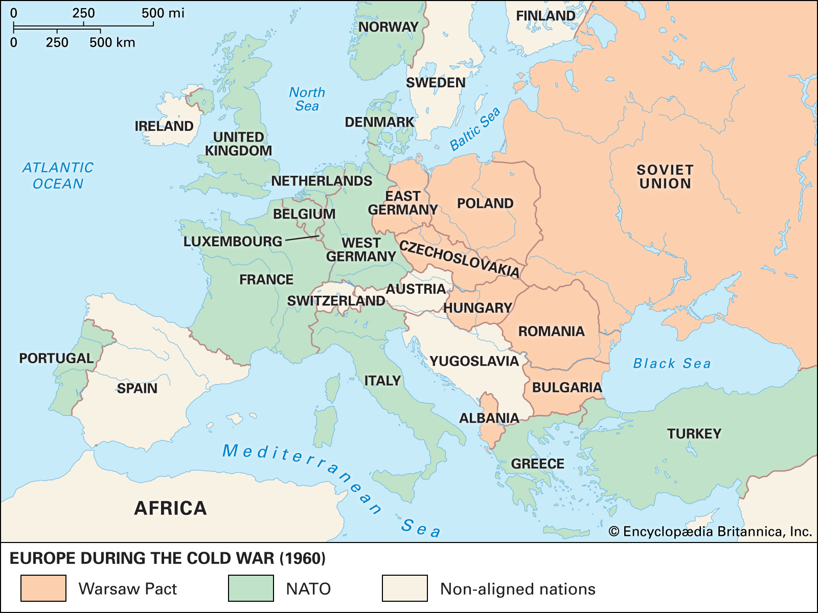 Europe during the Cold War (1960). © Encyclopedia Britannica, Inc..