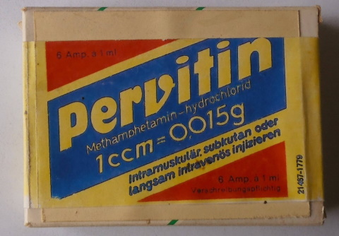 Packaging containing six Pervitin (methamphetamine hydrochloride) ampoules from Germany. by Komischn